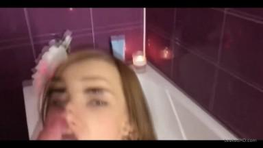 Brunette chick with horny pussy fucked and facialized in the bathroom