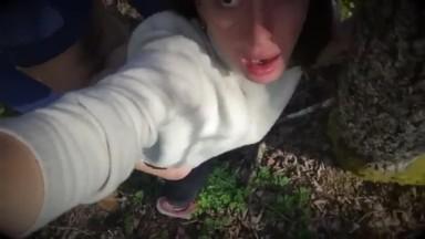 Cute brunette teen hammered in the forest 