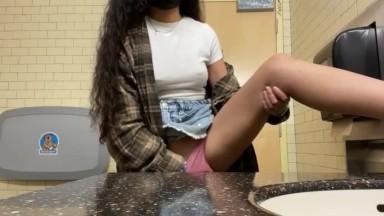 Naughty teen with nice tits masturbates in the bathroom 