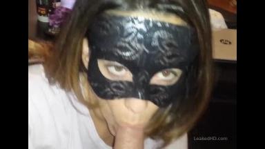 Using her masked face as a dump for my cum