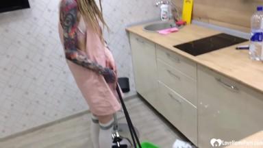 Cleaning lady hops onto the counter for a quick dildo ride