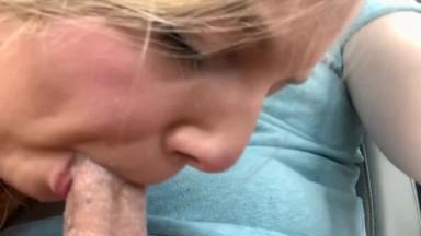 Chubby blonde gives head before fingering herself