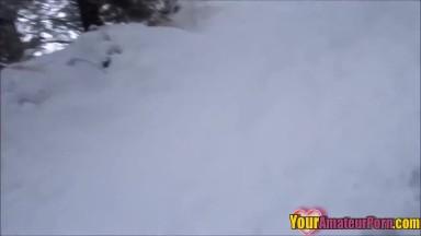 Girlfriend gives head and swallows cum in the snow outdoors