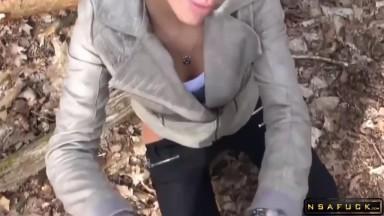 Cute girl gives blowjob and fucks in the woods