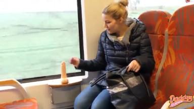 German blondie public dildo fucking on the train