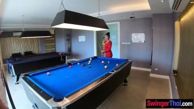 Amateur Asian Euro couple horny homemade sex after a game of pool