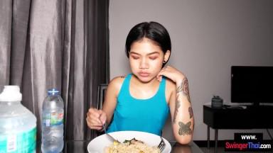 Feeding my petite teen Thai girlfriend with food and my big cock too