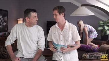 Chesty teen cheats on sleeping BF with his handsome daddy