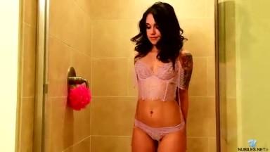 Jynx Carrera peels off her lingerie bra and panties then turns on the shower