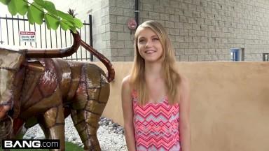 Real Teen petite blonde Hannah Hays gives carwash blowjob before debut