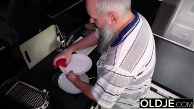 OLDJE - Young Busty Teen Takes Cumshot From Grandpa Cock