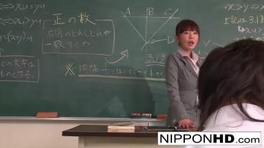 Sexy Japanese teacher blows a bunch of cocks