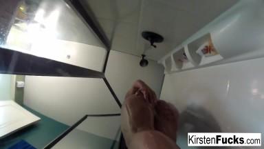 Kirsten showers with an underwater camera