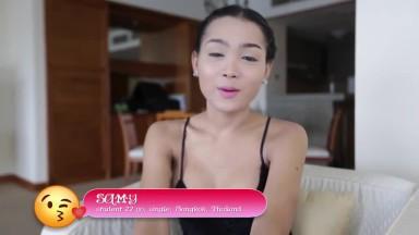 22 year old busty Thai shemale does a sexy striptease in her lacey dress