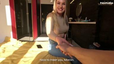 Naughty blonde welcomes new neighbor with her pussy 2