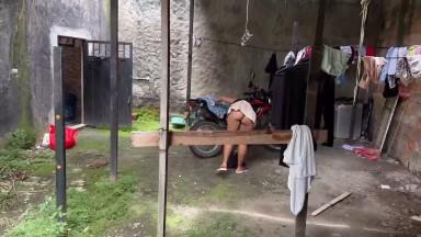 MY GOD public student lets her teacher fuck her when he catches her bringing clothes through the backyard of her house