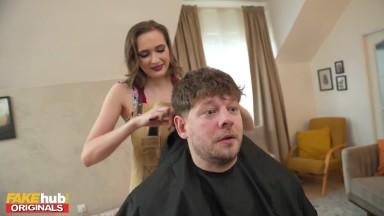 FAKEhub - Natural boob brunette trainee working in hairdressers tries cutting clients hair herself