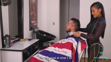 Rough sex in the Barbershop with the client with a huge penis who explodes his cum on my face - Mariana Martix - FREE