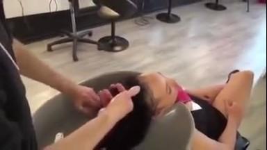 Busty rabian teen enjoys a threesome in a hair salon