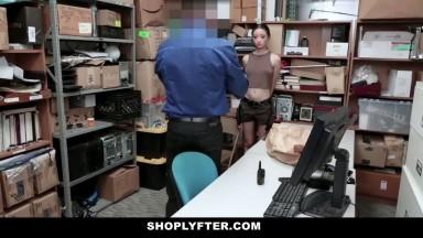 Adolescent black female suspected of theft is brought back to loss prevention office Once in the office she attempts to escape and officer is fucked  to tie suspects hands to chair before proceeding to inspect her bag