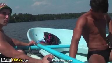 Blonde fucked hard in a boat on the lake three guys