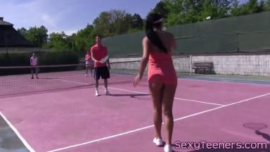 Four way teens pussy fucked on tennis court