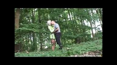 Blond teen babe fuck an old guy outdoors